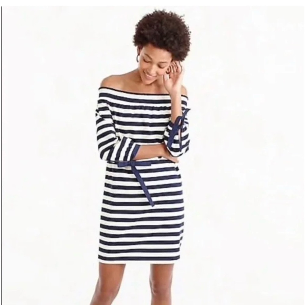 J. Crew Navy and White Off-Shoulder Mini Dress